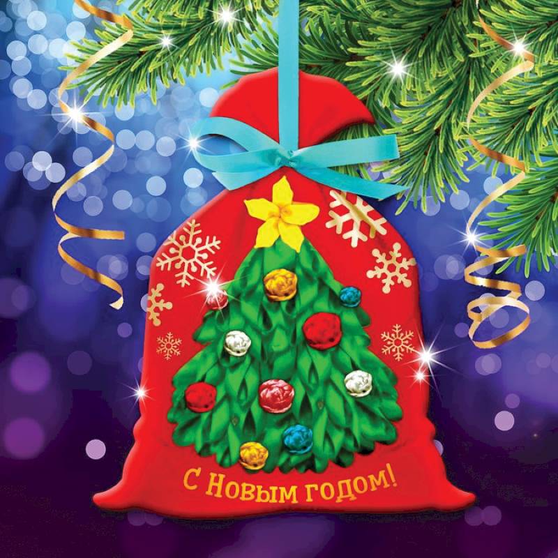 Новогодняя вышивка лентами на мешочке 'Ёлочка', основа 25x35 см